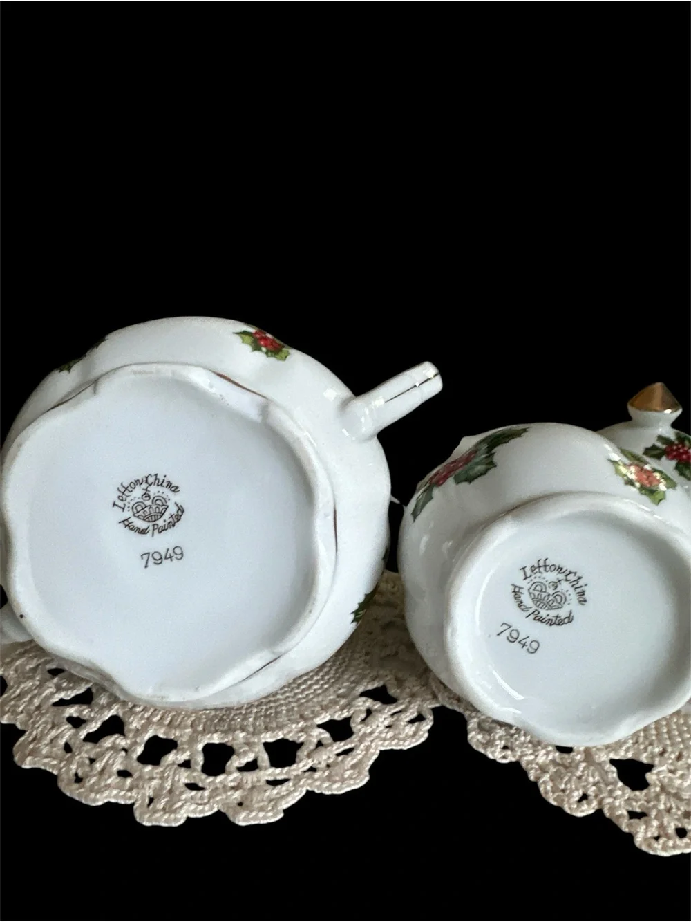 vintage mid-century porcelain creamer and lidded sugar bowl holiday set